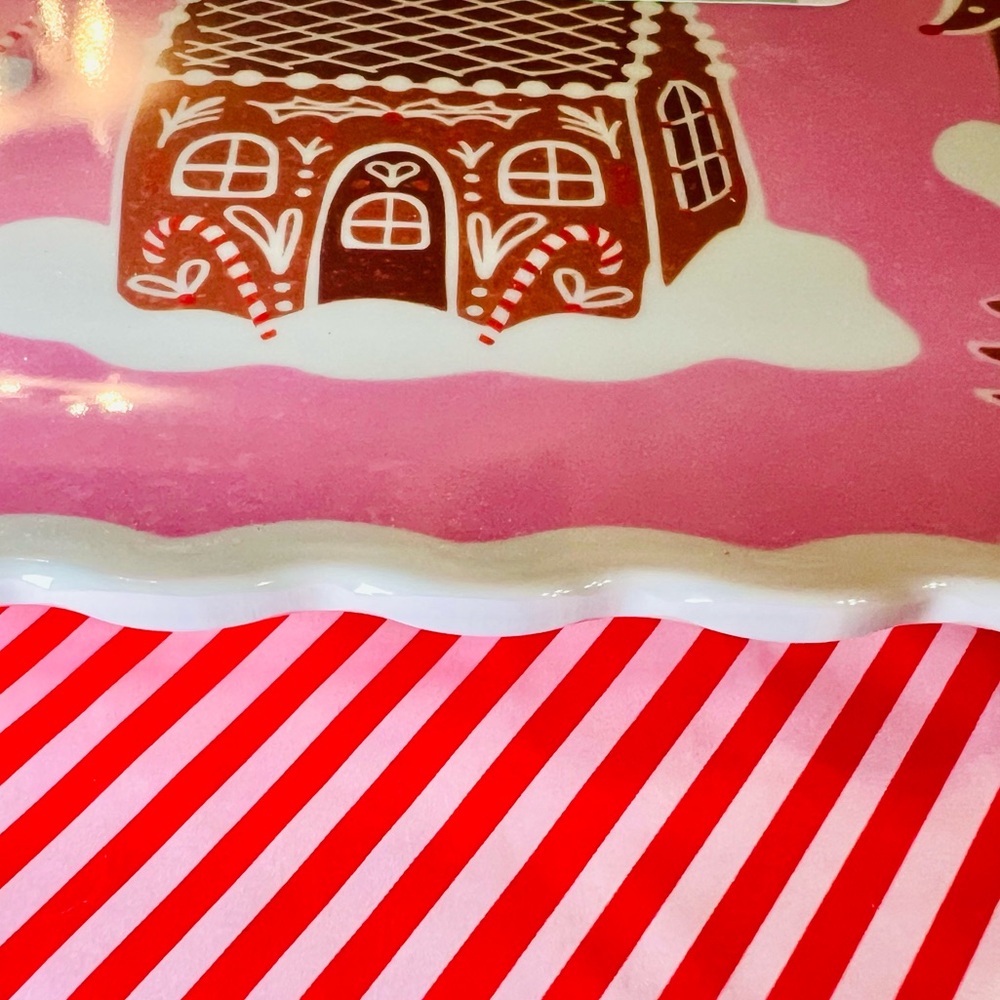 Christmas Pink Gingerbread Village Melamine Serving Tray Whimsical - Picture 6 of 12